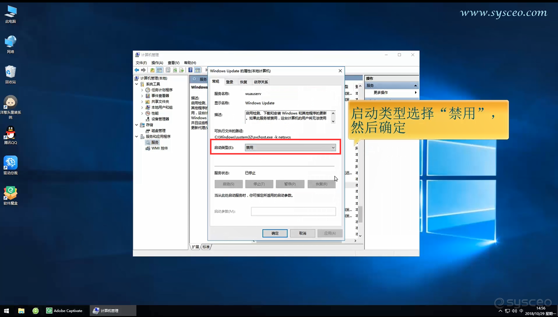 启动类型选择“禁用”，然后应用，确定